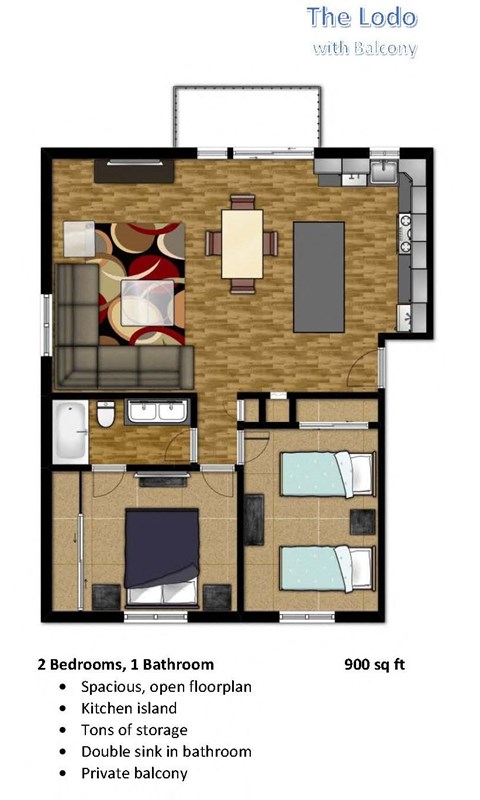 Floor plan for 2 beds, 1 bath, 900 sqft